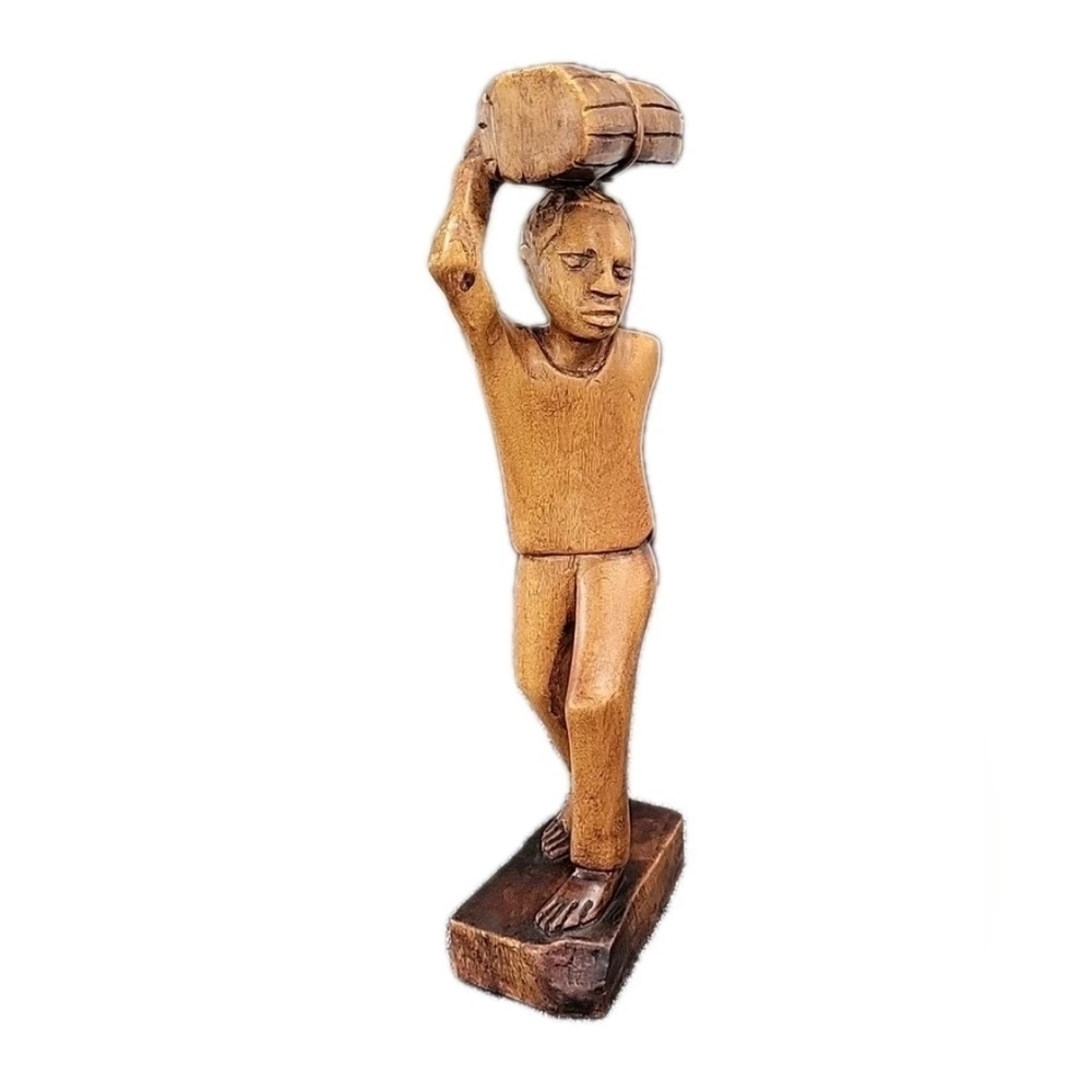 Vintage Caribbean Hand Carved Wooden Stature Man Carrying Wood Bundle